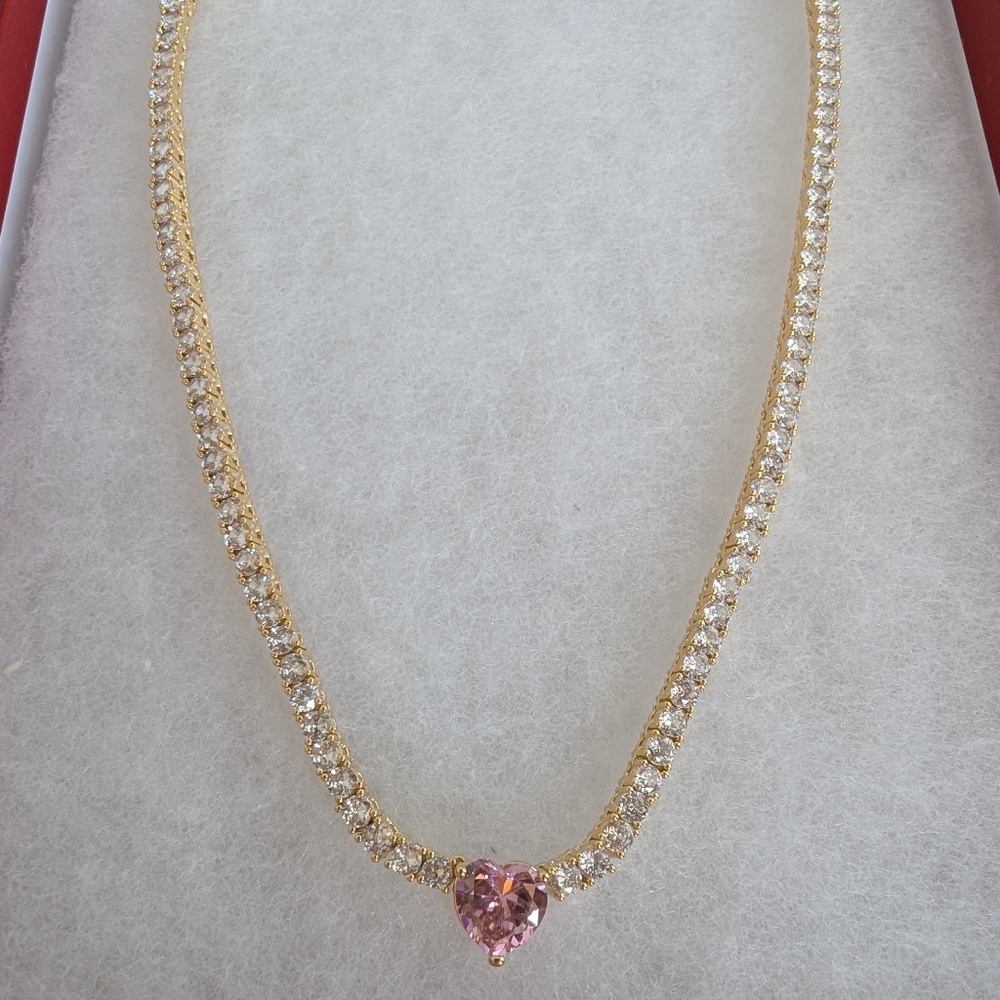 LIM LIM PINK HEART CLASSIC TENNIS NECKLACE
